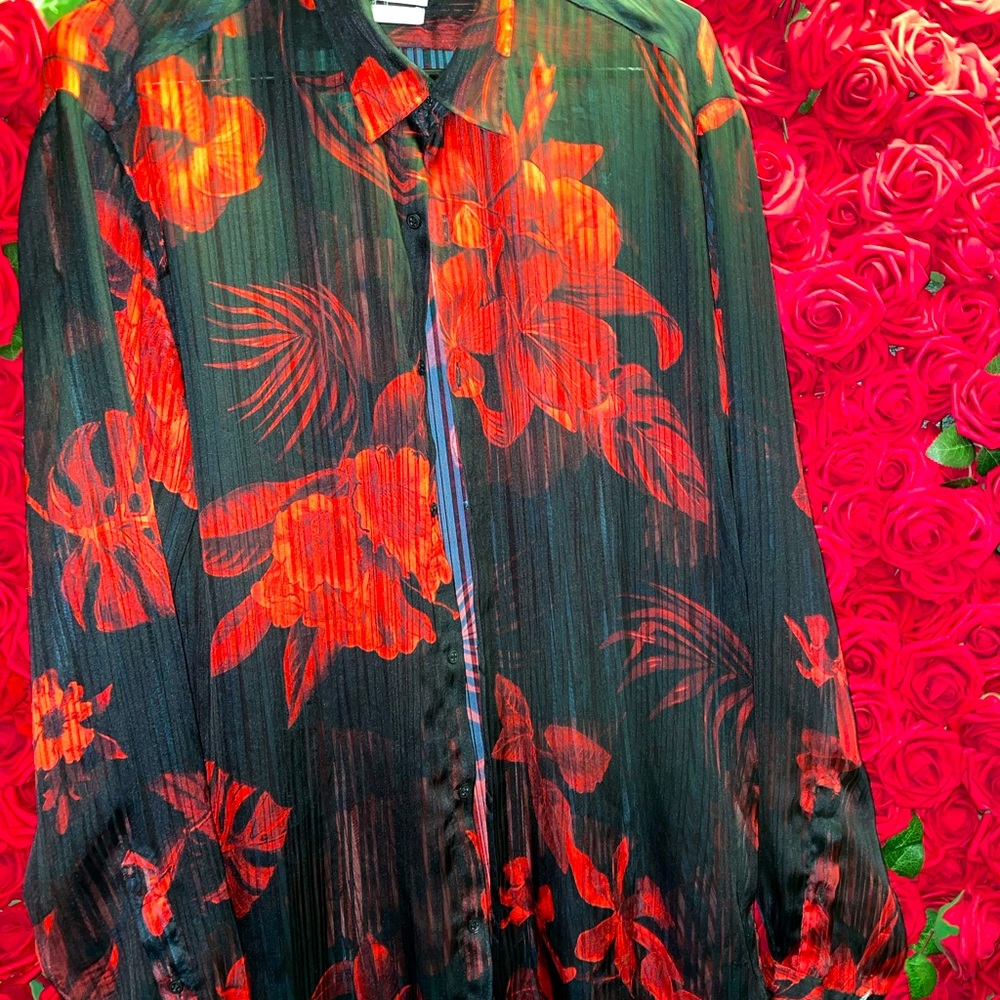 ZARA MEN/UNISEX RED FLOWER SHEER BUTTON UP